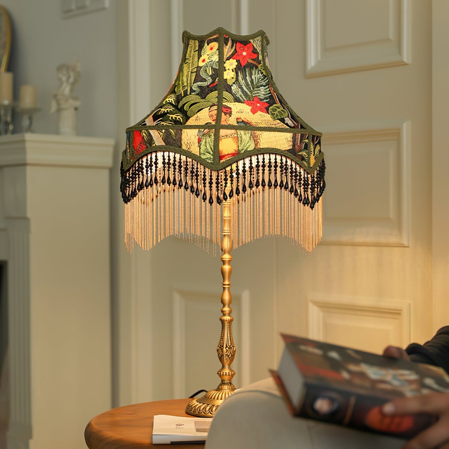 VintageBloom - Lampe de table avec motif floral français et franges