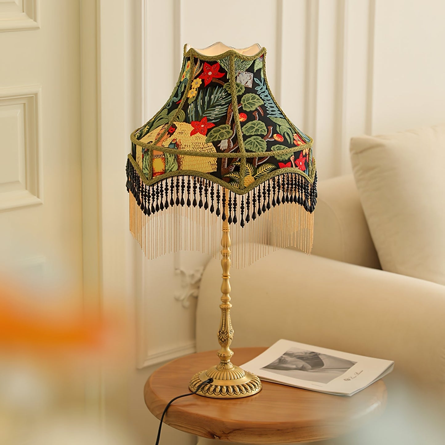 VintageBloom - Lampe de table avec motif floral français et franges