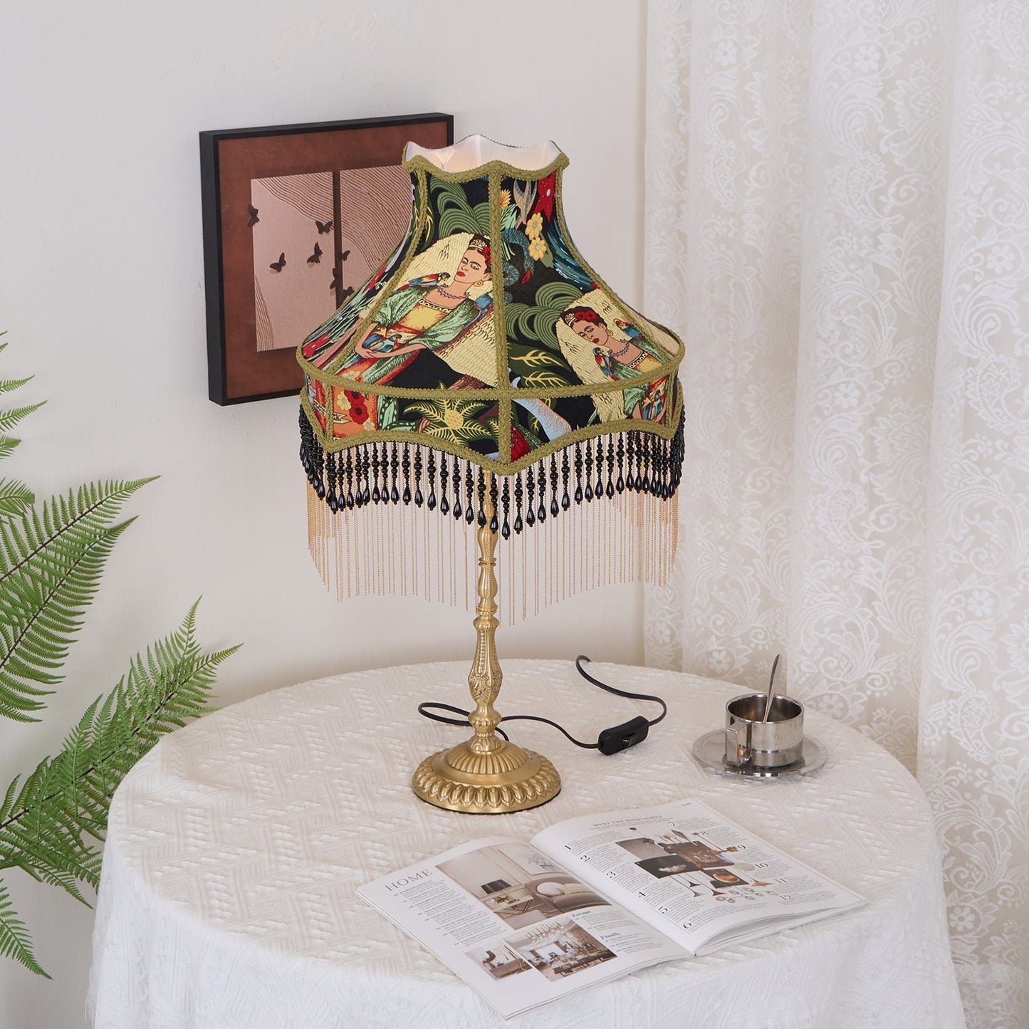VintageBloom - Lampe de table avec motif floral français et franges