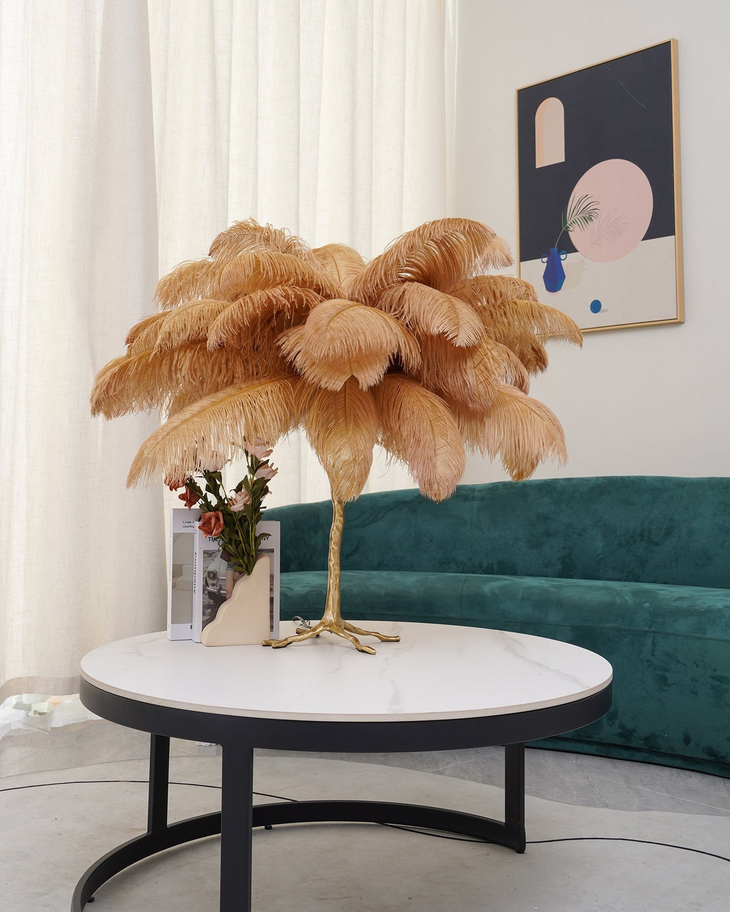 PlumeAura - Table Lamp with Golden Ostrich Feathers