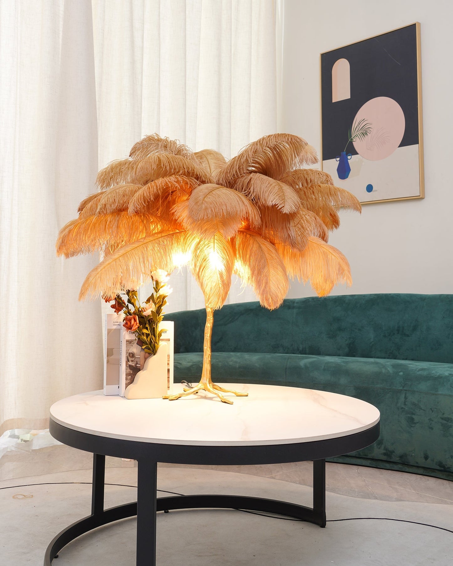 PlumeAura - Table Lamp with Golden Ostrich Feathers