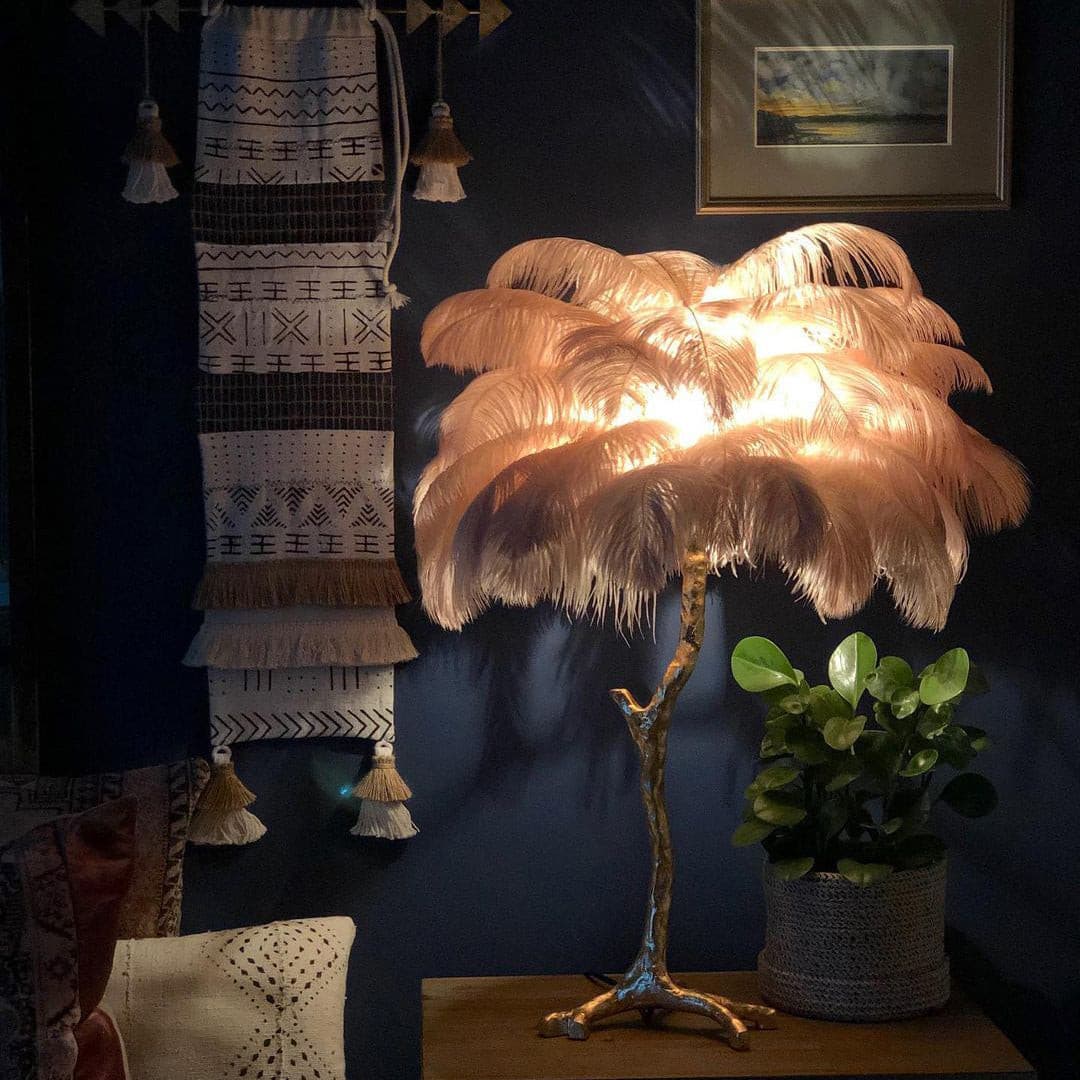 PlumeAura - Table Lamp with Golden Ostrich Feathers