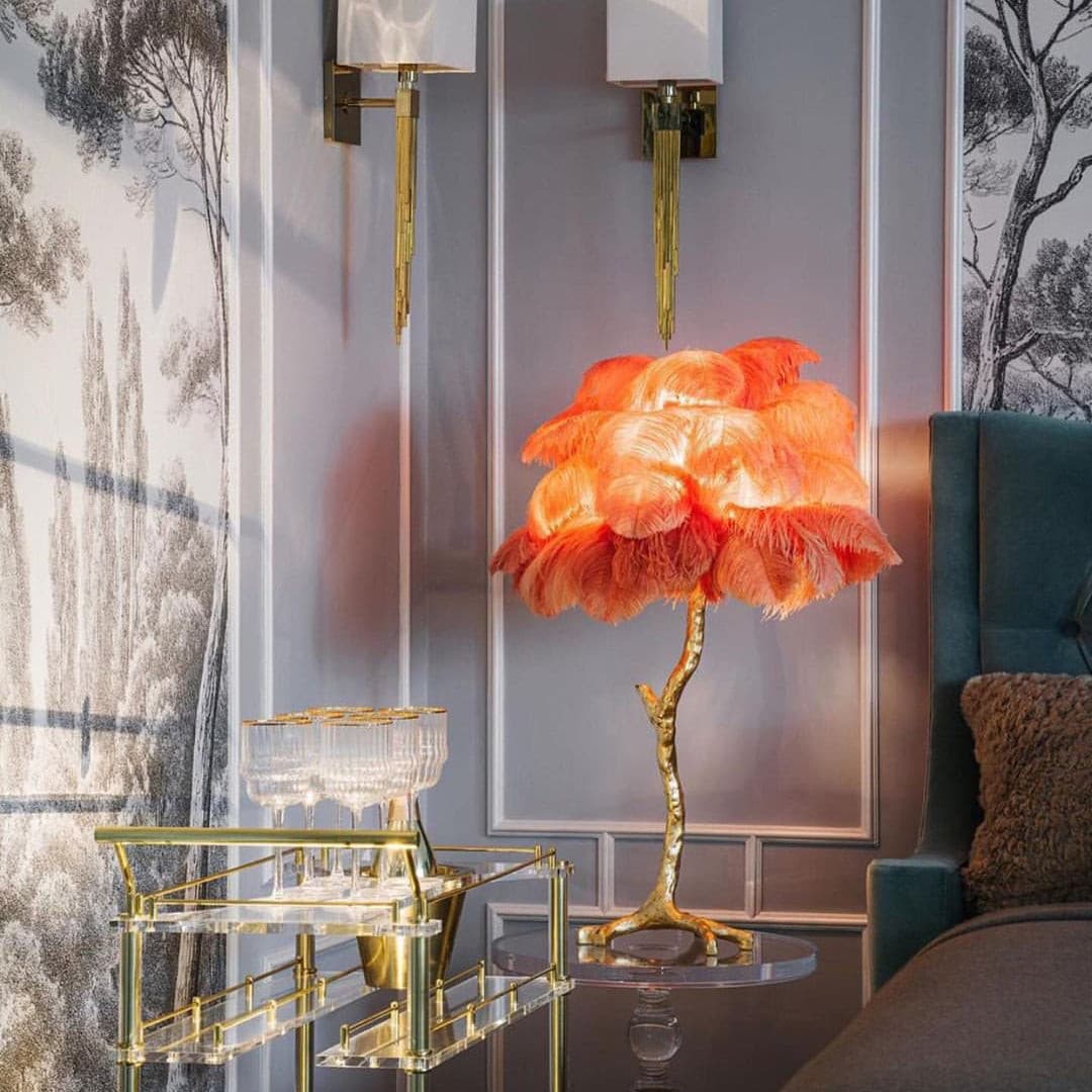 PlumeAura - Table Lamp with Golden Ostrich Feathers