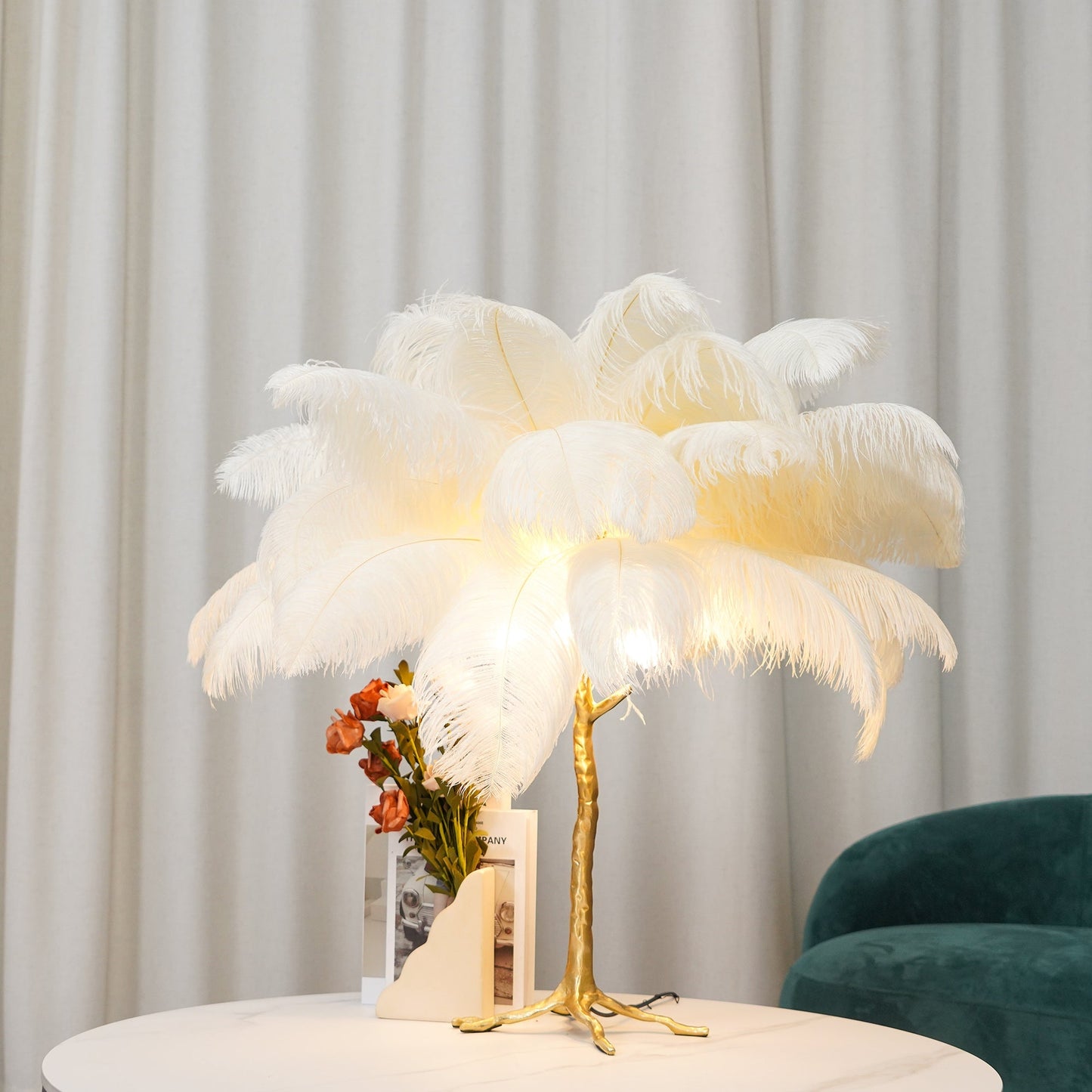 PlumeAura - Table Lamp with Golden Ostrich Feathers
