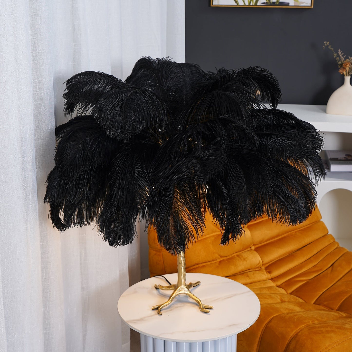 PlumeAura - Table Lamp with Golden Ostrich Feathers