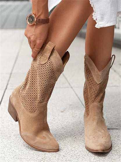 Bottes pour femmes occidentales avec talon bas et tige mi-mollet