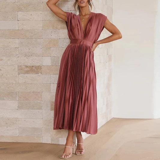 Robe Maxi Plissée à Col V - Adele