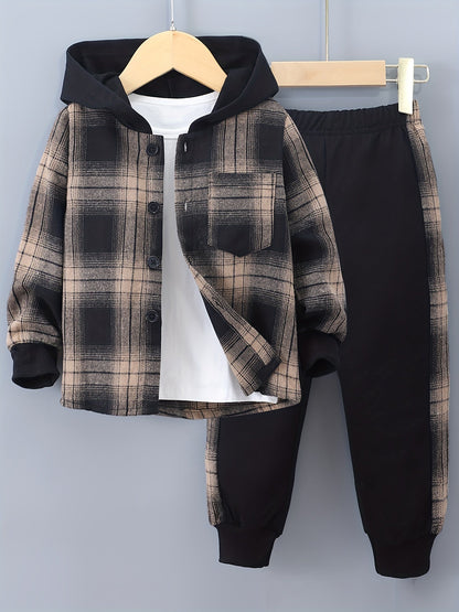 2-Piece Boys' Checked Hoodie & Tracksuit Bottoms with Long Sleeves - Filipe
