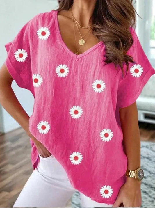 Ainara – Casual V-Neck T-Shirt with 3D Floral Print