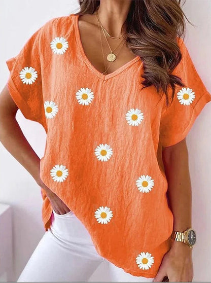 Ainara – Casual V-Neck T-Shirt with 3D Floral Print