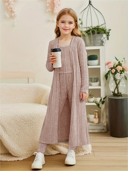 3-Piece Stretchy Knitted Cardigan + Top + Leggings - Charmaine