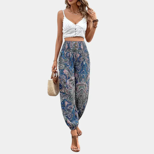 Pantalon taille haute bohème pour femmes avec coupe ample et élégante