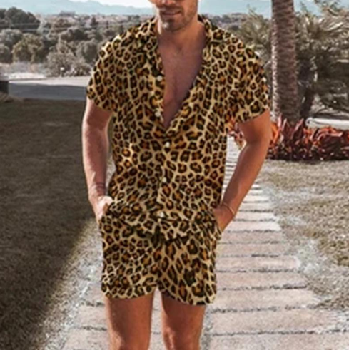 Ensemble d'été deux pièces avec imprimé animal pour hommes - Short et chemise