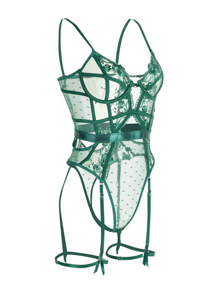 Mélodie - Lingerie corps en dentelle verte avec armatures