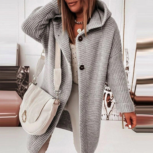 Cardigan pour femmes en maille mi-longue avec boutons et capuche - Ella