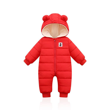 Warmer und gemütlicher Baby-Winterstrampler mit Ohren
