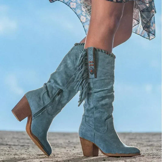 Bottes vintage pour femmes montant jusqu'au genou avec pompons - Edith