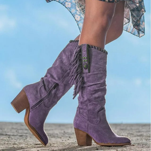 Bottes vintage pour femmes montant jusqu'au genou avec pompons - Edith
