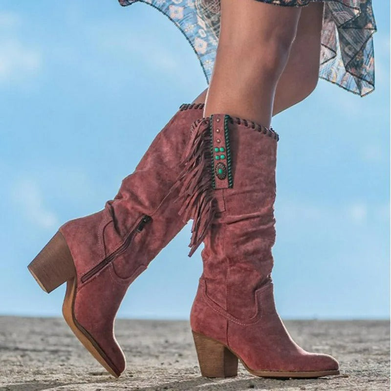 Bottes vintage pour femmes montant jusqu'au genou avec pompons - Edith