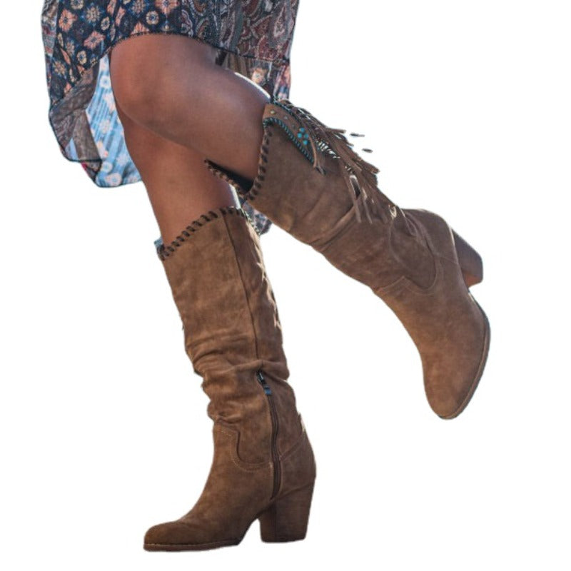 Bottes vintage pour femmes montant jusqu'au genou avec pompons - Edith