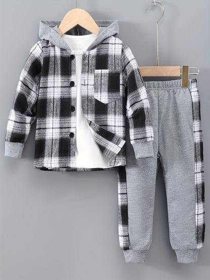 2-Piece Boys' Checked Hoodie & Tracksuit Bottoms with Long Sleeves - Filipe