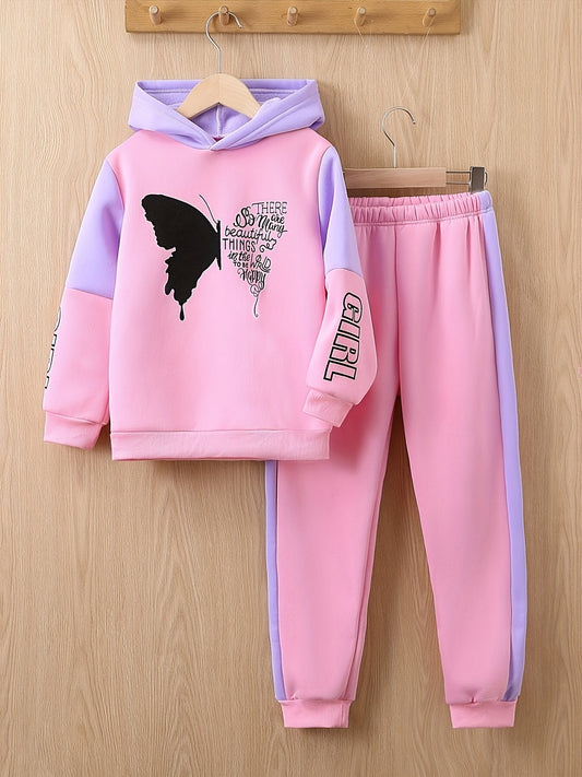 2-piece girls' fleece hoodie sweater with butterfly print trousers - Angel