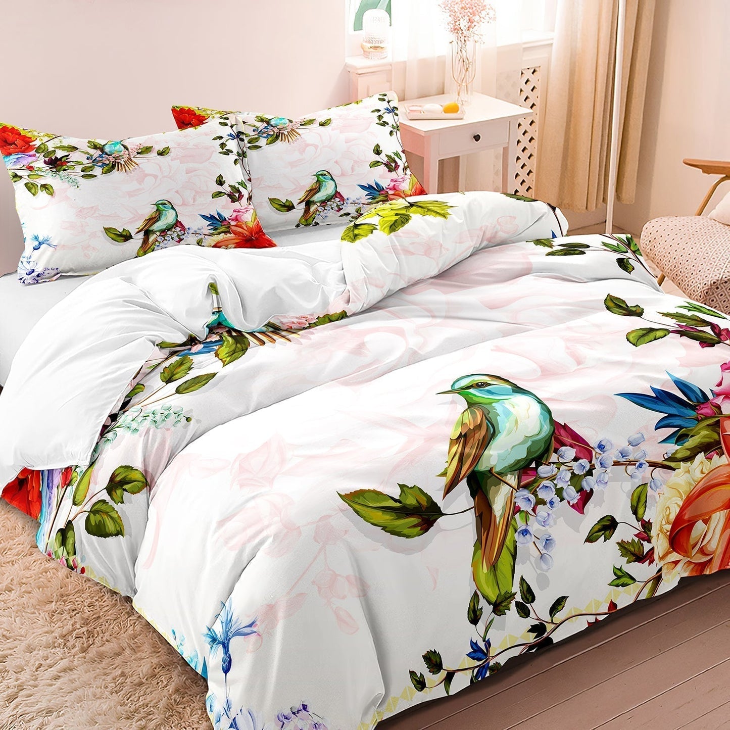 FloralFlight - Ensemble de housse de couette de luxe à motifs floraux et oiseaux