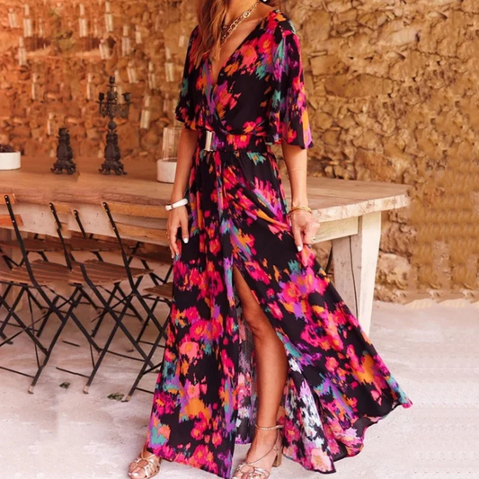 Robe maxi bohémienne fendue à taille cintrée et col en V - Dorothy