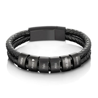 PaternalElegance - Bracelet en cuir avec perles gravées
