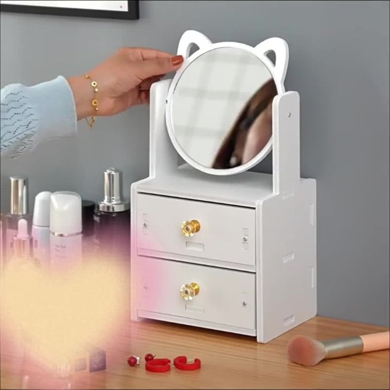 PurrGlow - Miroir de maquillage avec rangement et oreilles de chat