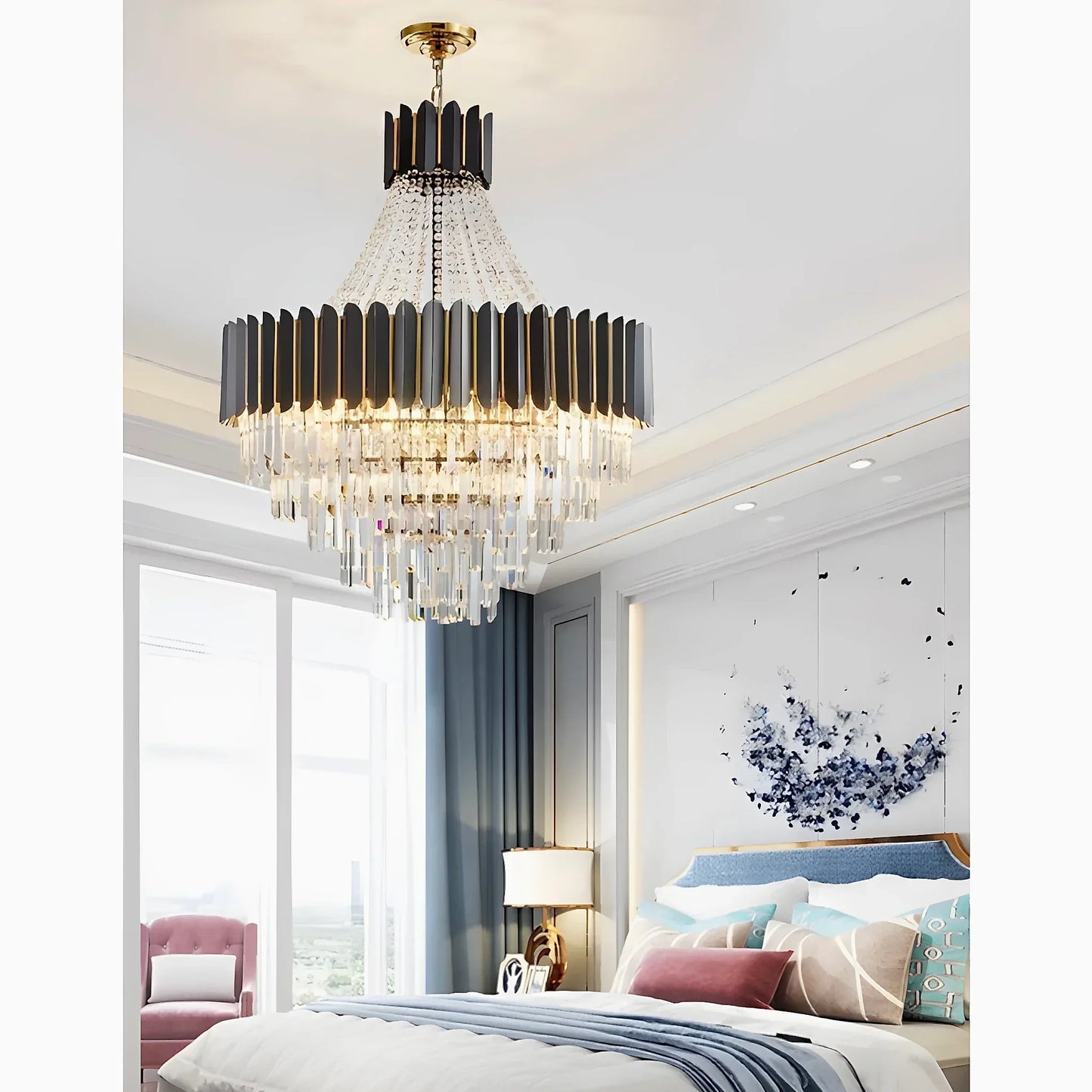 NightAura - Round Chandelier with Black Crystal and Gunmetal Finish