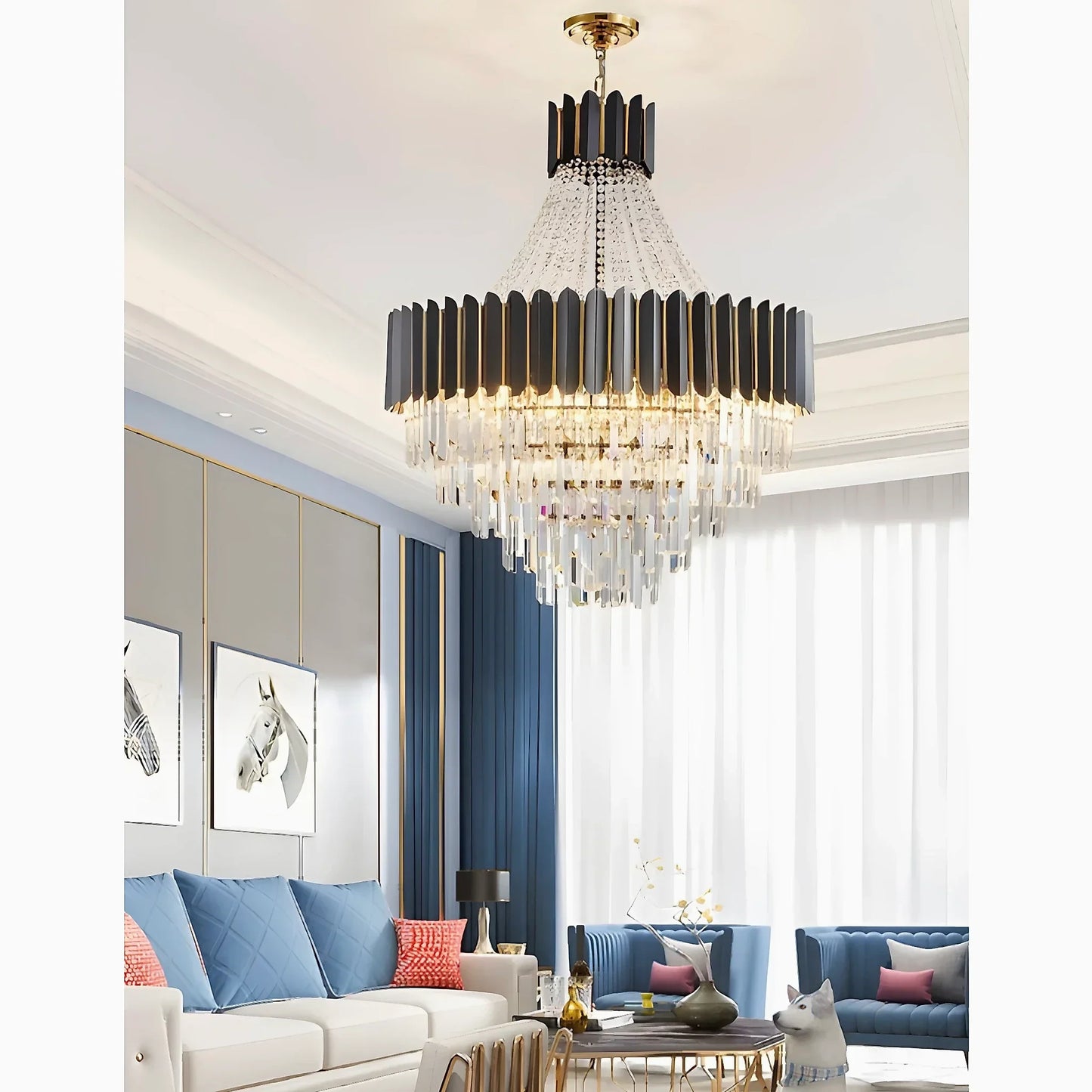 NightAura - Round Chandelier with Black Crystal and Gunmetal Finish