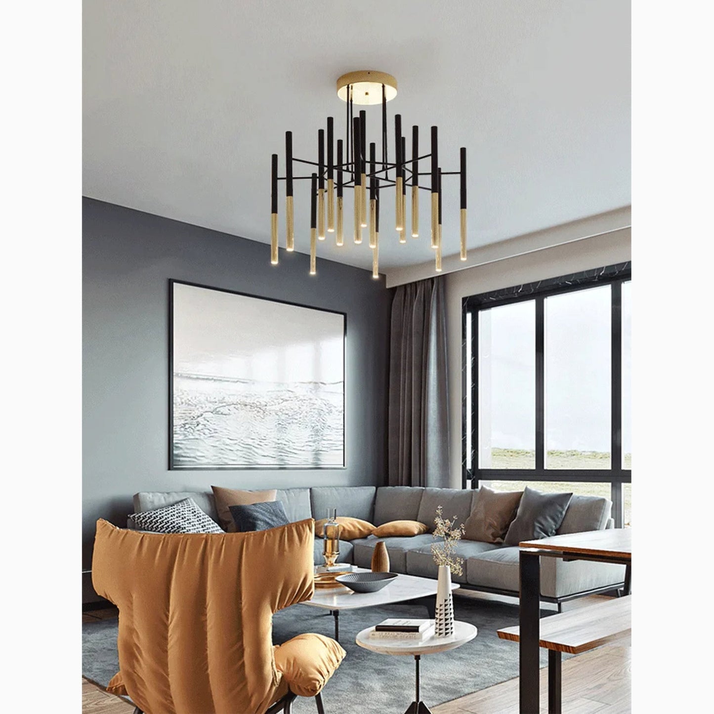 NoirLuxe - Sleek Black and Gold Chandelier