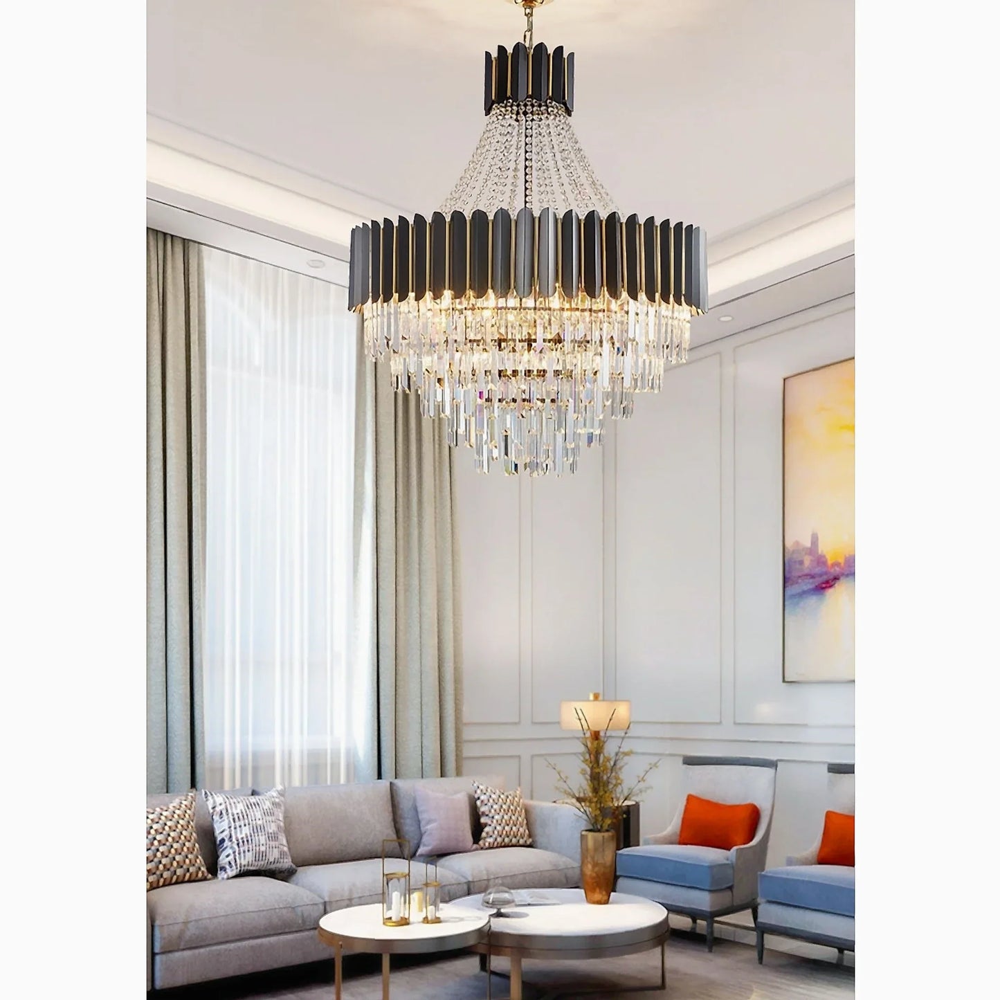 NightAura - Round Chandelier with Black Crystal and Gunmetal Finish