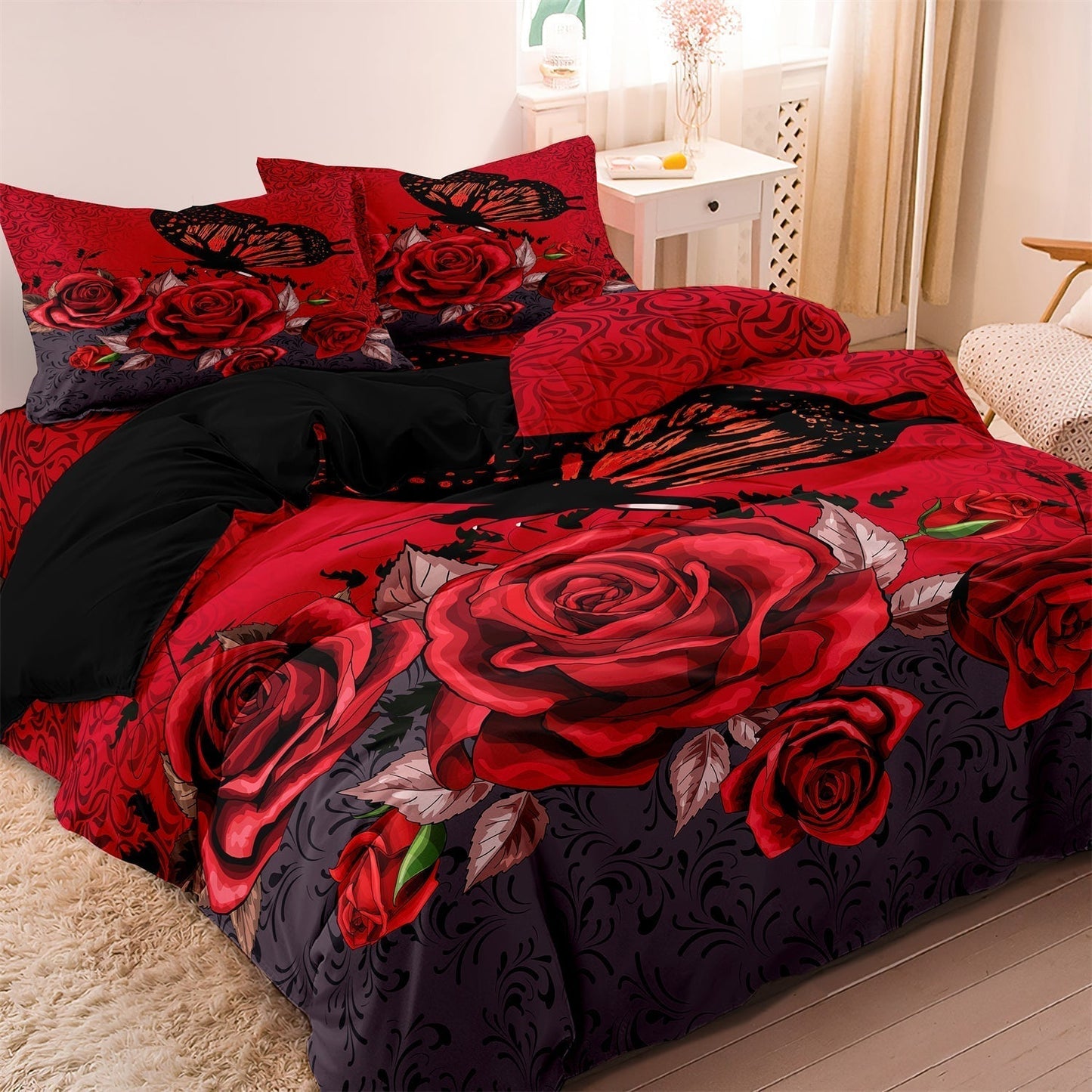ScarletBloom - Luxus Rotes Rosen Bettbezug-Set