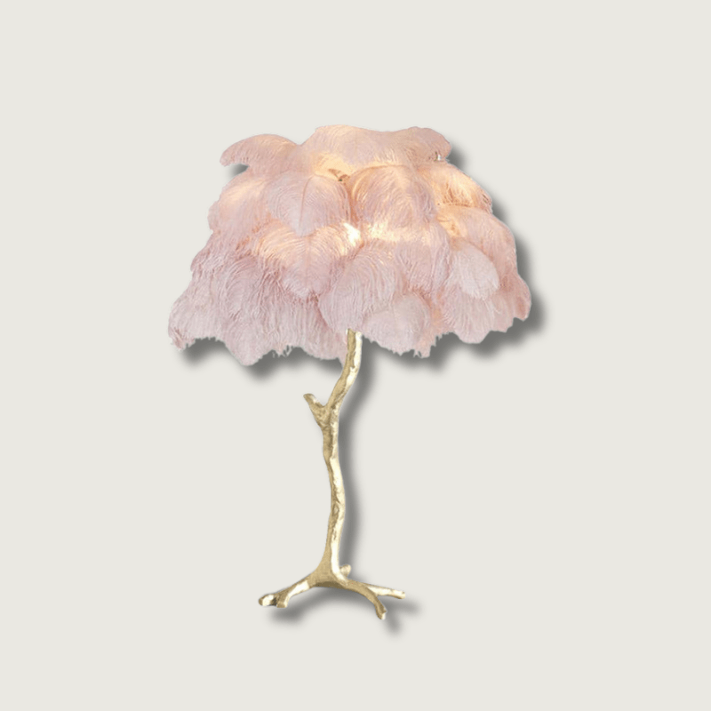PlumeAura - Bordlampe med gyldne strudsefjer