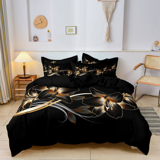 OpulentPetals - Sort og Guld Blomster Sengetøjssæt